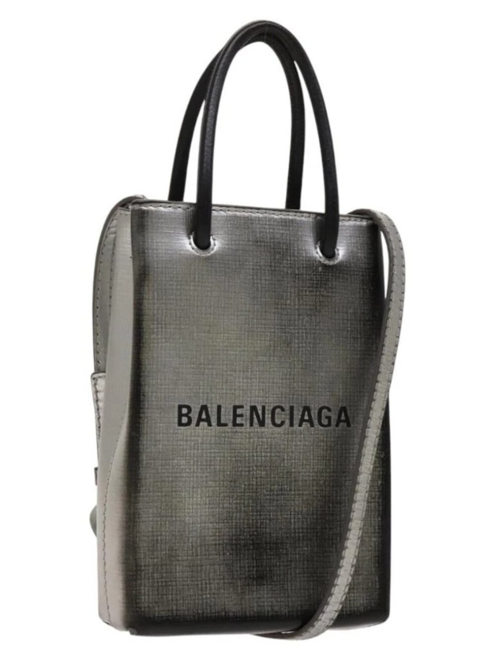BALENCIAGA Shopping Phone Holder Shoulder Bag Leather Silver Auth fm4541